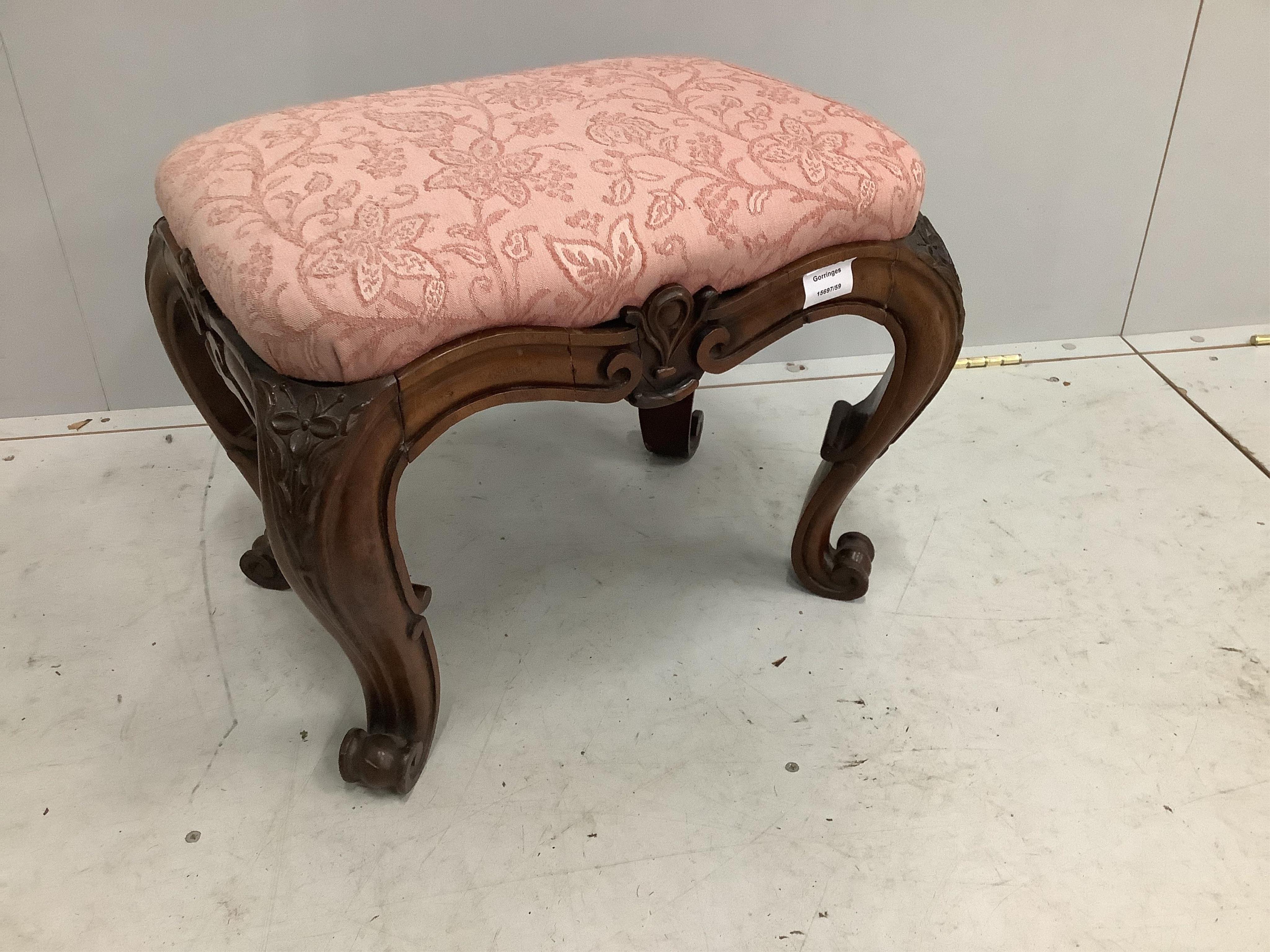 A French carved mahogany stool, width 52cm, depth 39cm, height 40cm. Condition - fair